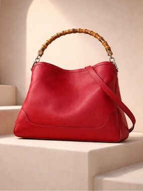 Gucci Red Leather Shoulder Bag with Bamboo Handle.